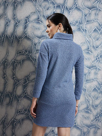 Athena Blue Self Design Turtle Neck Sheath Dress