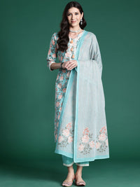 Indo Era Women Floral Printed Regular Mirror Work Pure Cotton Kurta with Trousers & With Dupatta