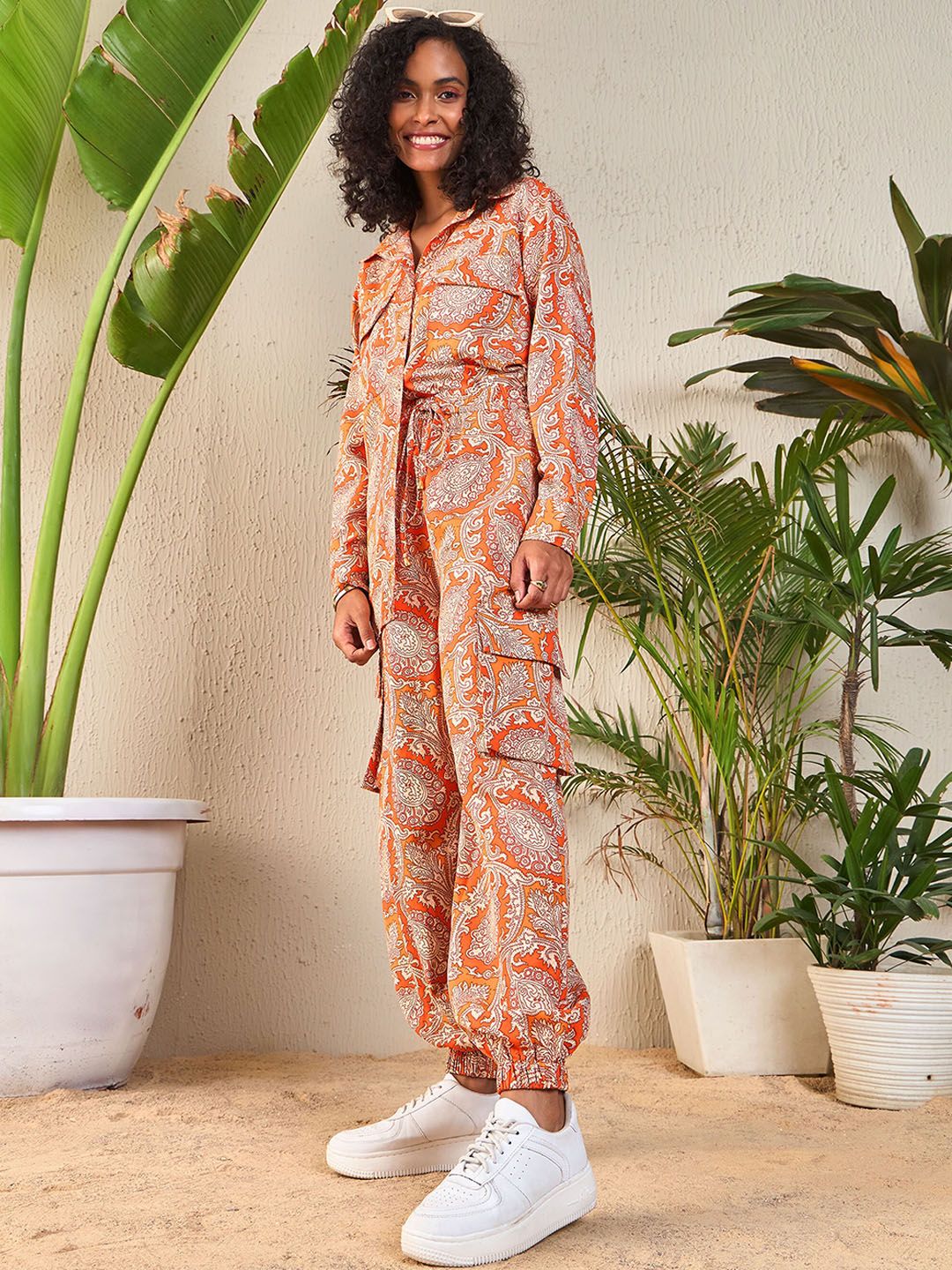SASSAFRAS Orange Paisley Printed Shirt With Joggers Co-Ords