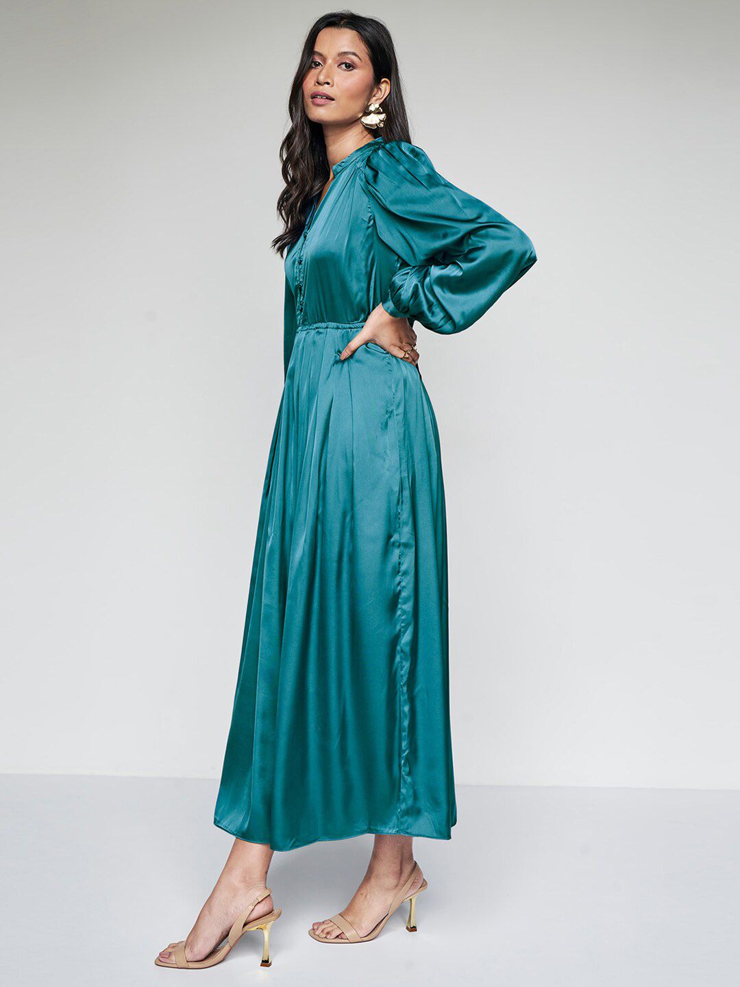 AND Shirt Collar Long Sleeves Maxi Dress