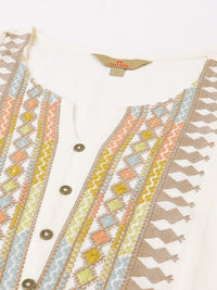 Anouk Off White Floral Embroidered Thread Work Pure Cotton A-Line Short Kurti