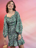 Tokyo Talkies Green Floral Printed Sweetheart Neck Puff Sleeve Pleated A-Line Dress