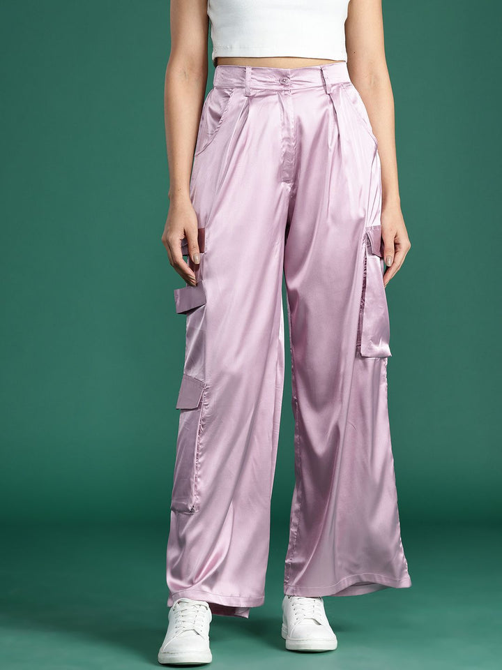 DressBerry Women Satin Finish Cargo Style Pleated Trousers