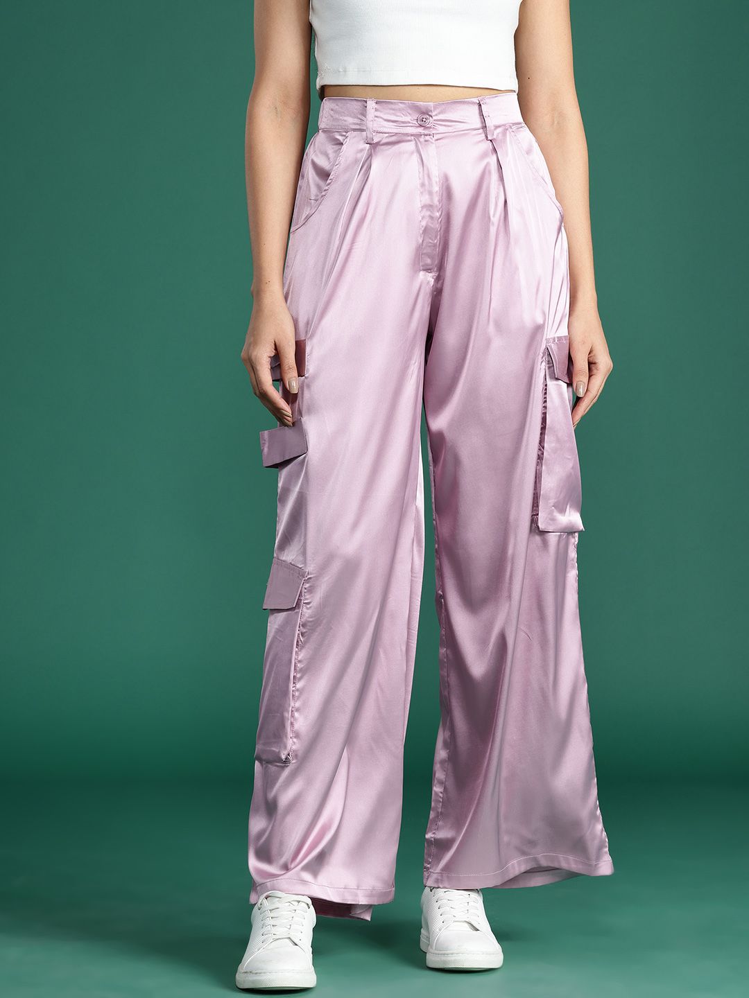 DressBerry Women Satin Finish Cargo Style Pleated Trousers