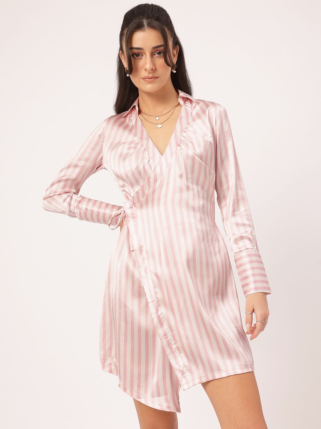 DressBerry Satin Glow-Up Striped Wrap Mini Dress