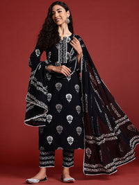 Indo Era Floral Printed Regular Pure Cotton Kurta With Trousers & Dupatta