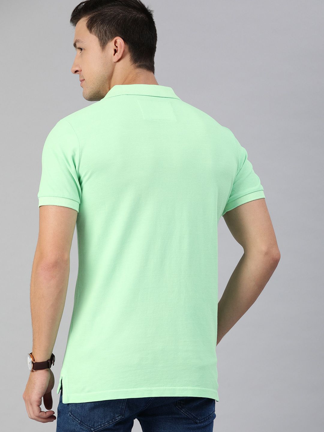 THE BEAR HOUSE Men Green Solid Polo Collar Pure Cotton T-shirt