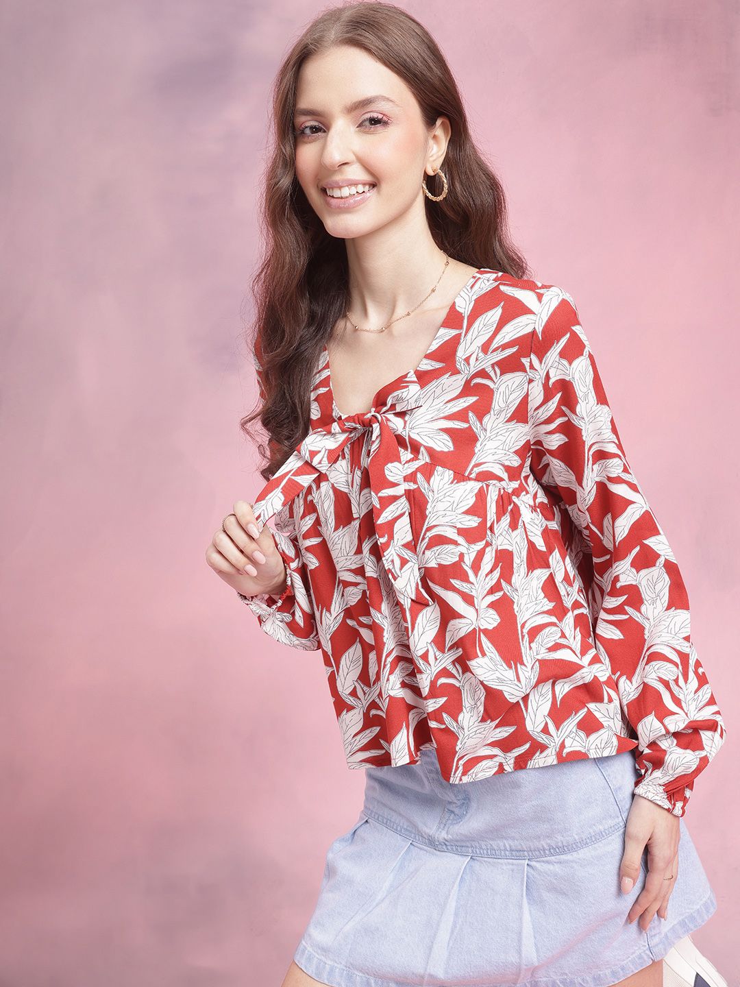 DressBerry Floral Print Tie-Up Neck Puff Sleeve Top