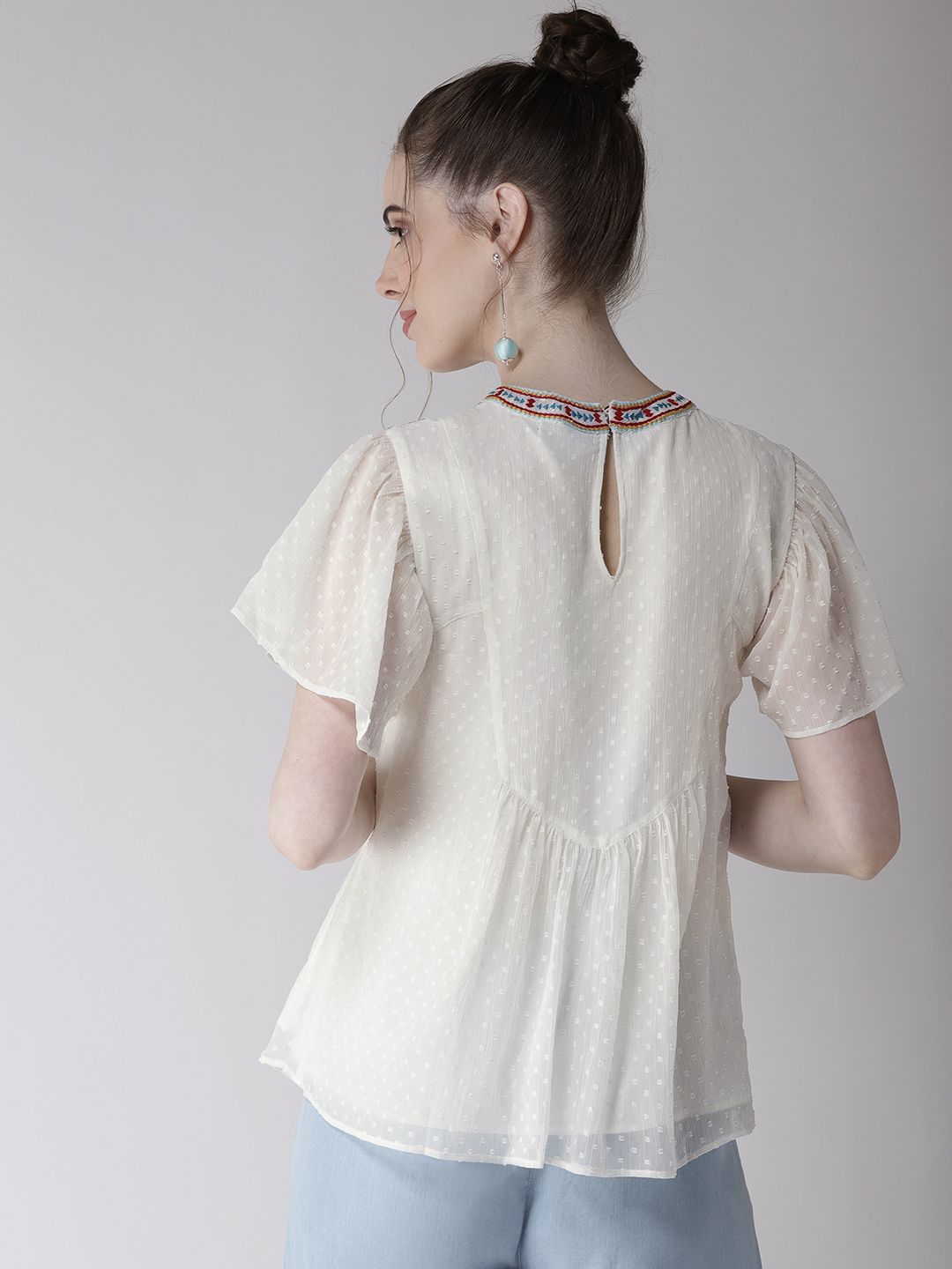 Antheaa Geometric Embroidered Round Neck A-Line Top with Pleated Detail