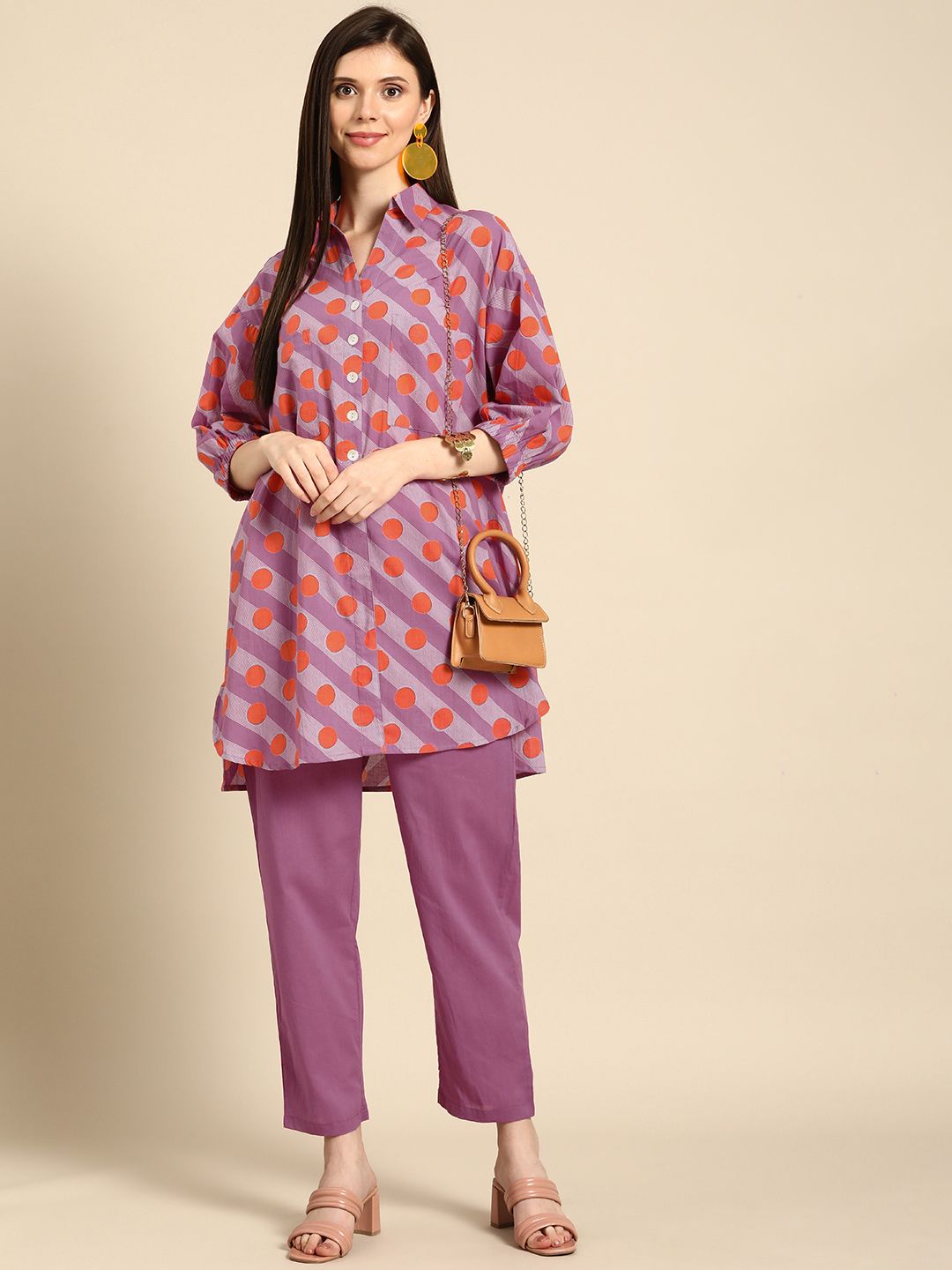 Anouk Women Purple And Orange Striped And Printed Empire Pure Cotton Kurti with Trousers
