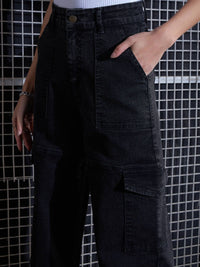 SASSAFRAS Women Black Straight Fit High-Rise Light Fade Stretchable Cargo Jeans