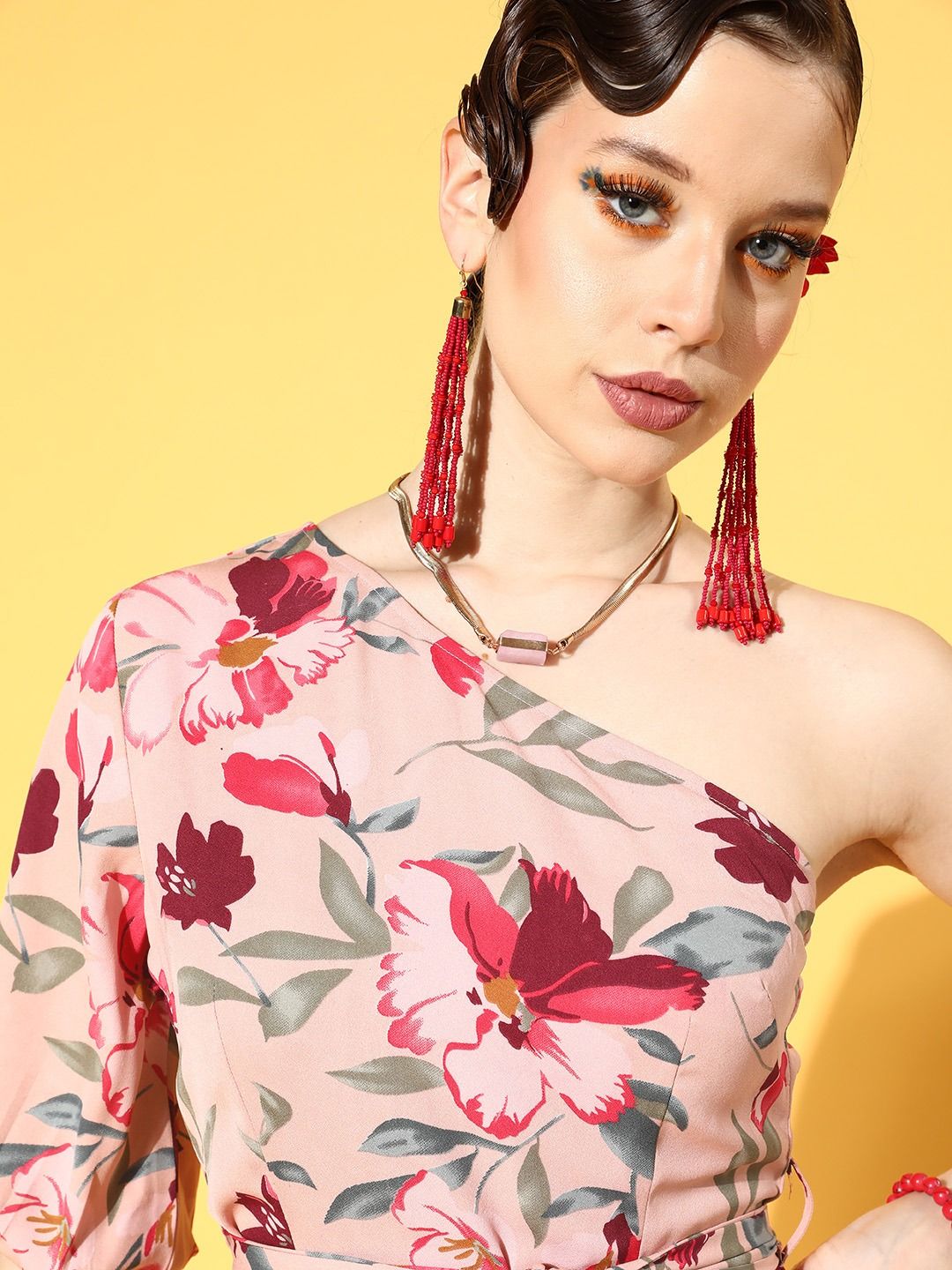 Berrylush Women Elegant Rose Floral New Neckline Dress