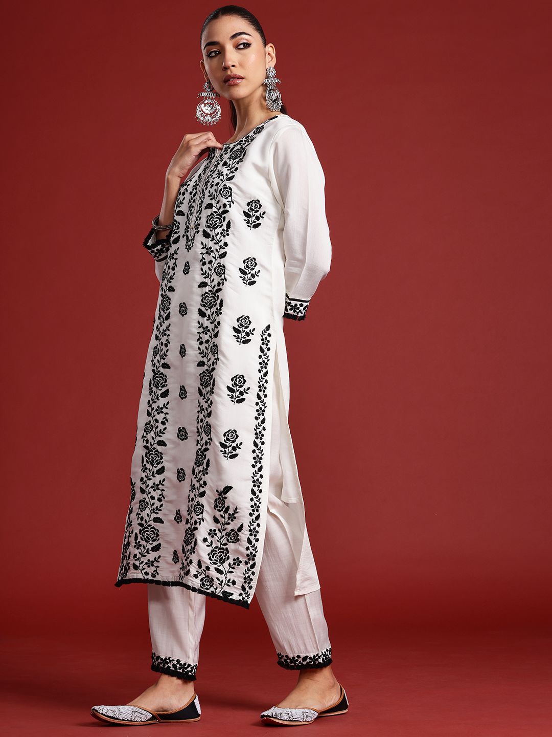 Indo Era Floral Embroidered Thread Work Kurta With Trousers & Dupatta