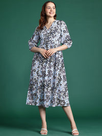 DressBerry Floral Print Puff Sleeve Fit & Flare Midi Dress