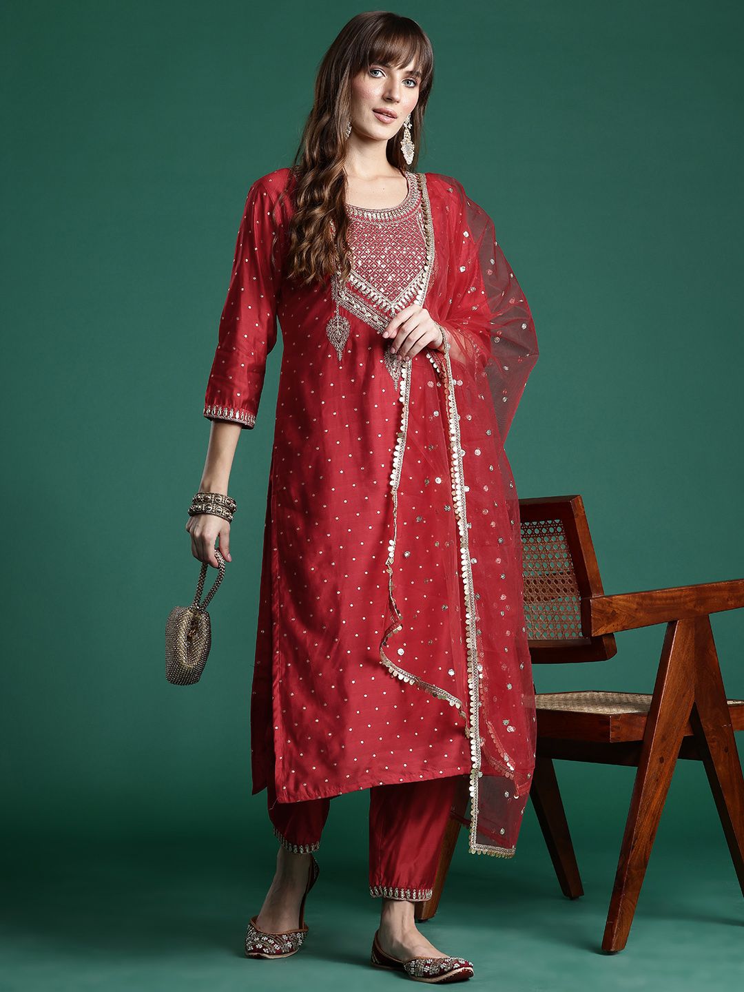 Indo Era Embroidered Sequinned Kurta With Trousers & Dupatta