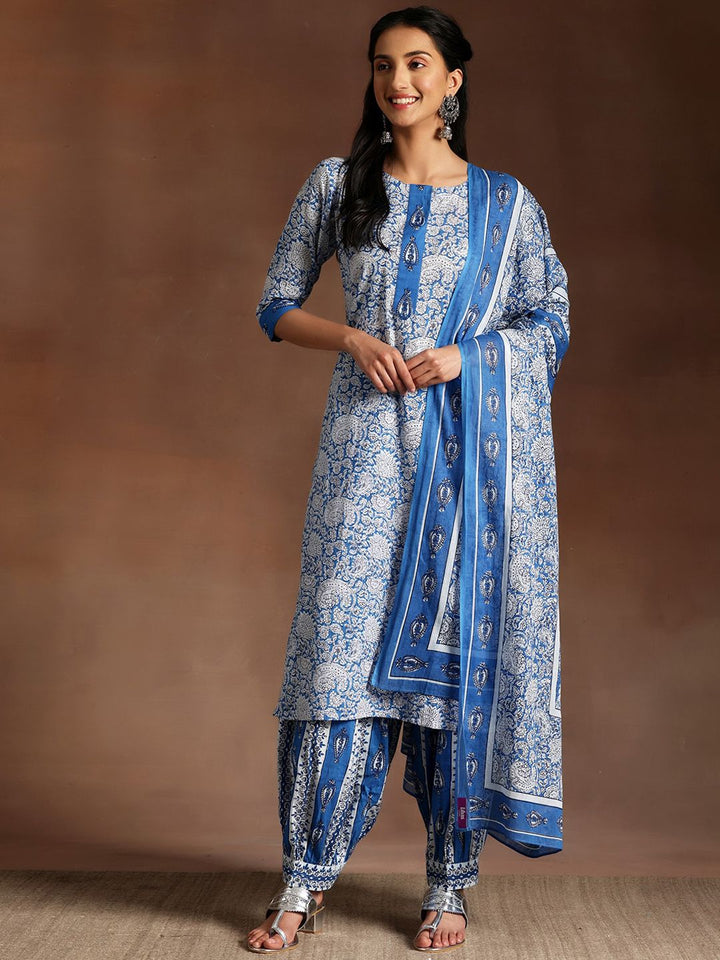 Libas Blue Floral Printed Round Neck Pure Cotton Straight Kurta With Salwar & Dupatta