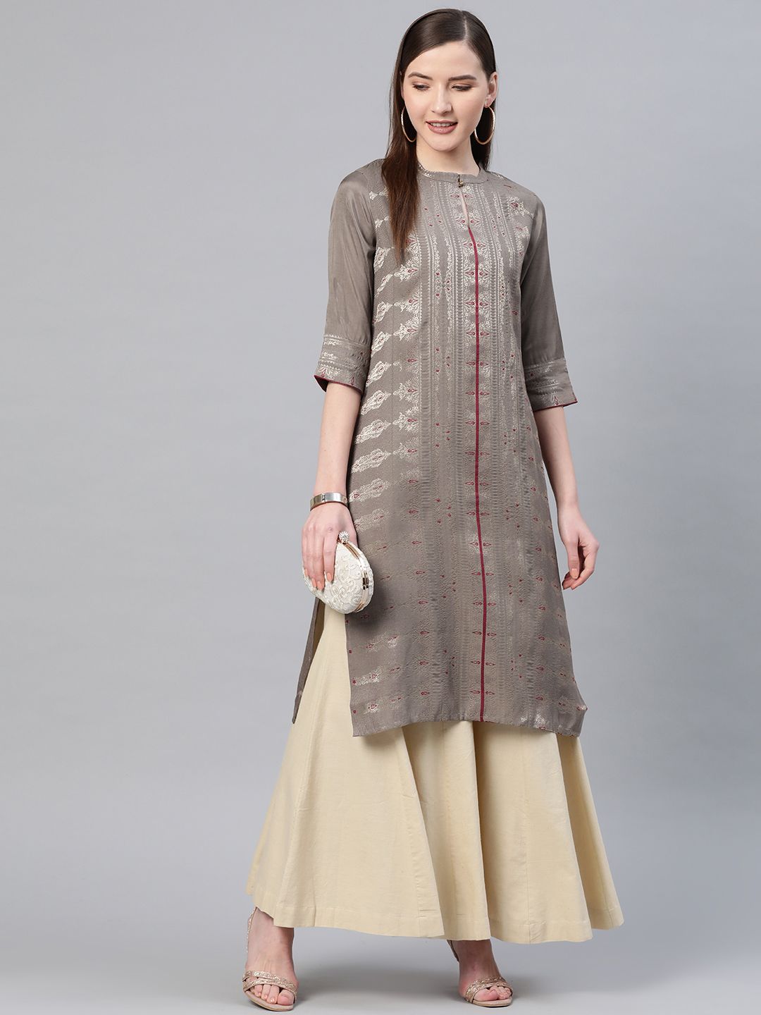 W Women Taupe & Golden Zari Woven Design Straight Kurta