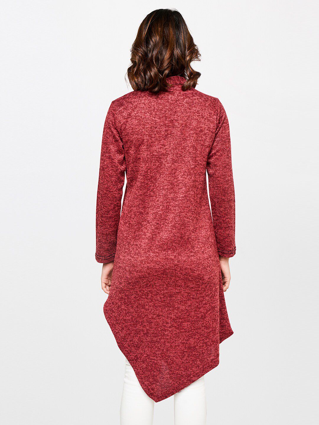 Global Desi Women Maroon Solid Shirt Collar Long Sleeves Tunic