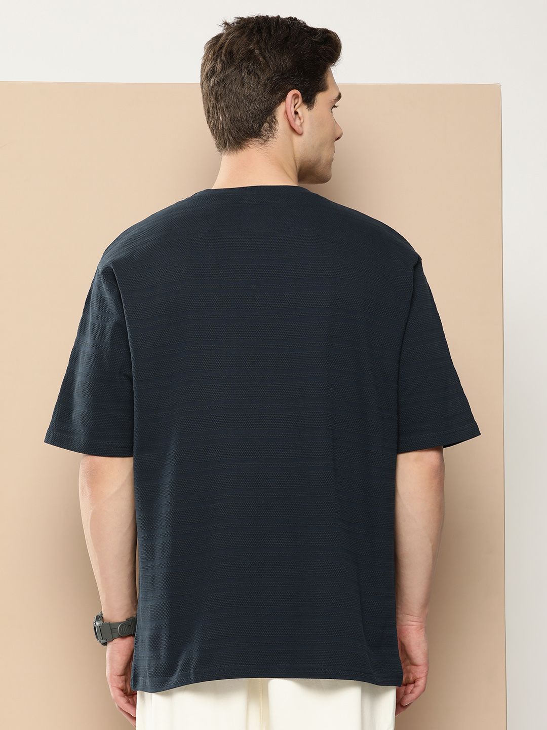 Difference of Opinion Men Navy Blue Pure Cotton Drop-Shoulder Oversized Fit T-shirt