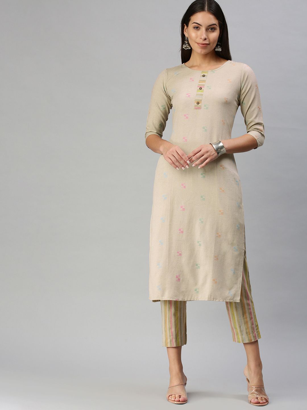 KALINI Women Beige Pure Cotton Kurta with Trousers