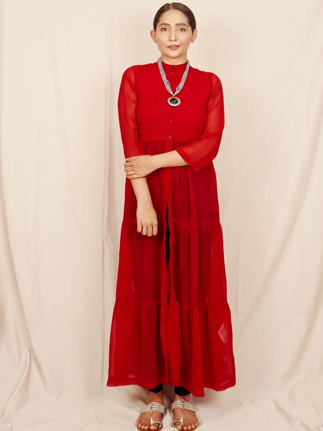 SASSAFRAS Maroon Semi-Sheer Tiered Maxi Top