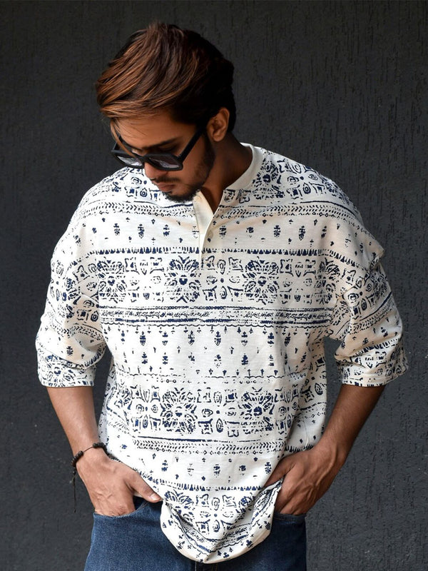 Powerlook White & Navy Blue Floral Printed Drop Shoulder Sleeves Oversized T-Shirt