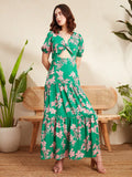 Berrylush Green Floral Printed V-Neck Puff Sleeve Cut Out Tiered Maxi Dress