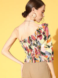 Berrylush Women Floral Print One Shoulder Crepe Top