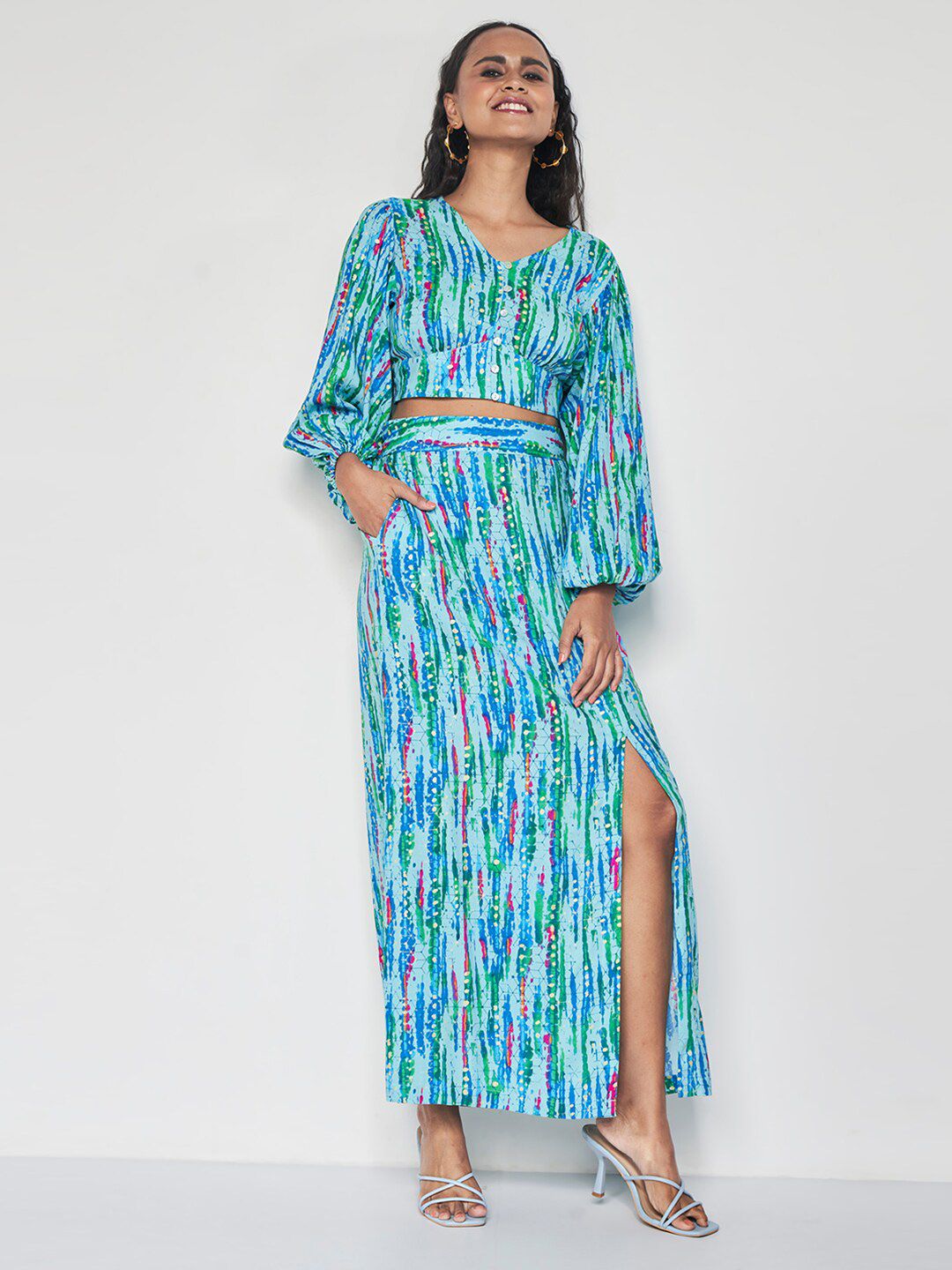 Global Desi Geometric Printed Crop Top With Maxi Skirt