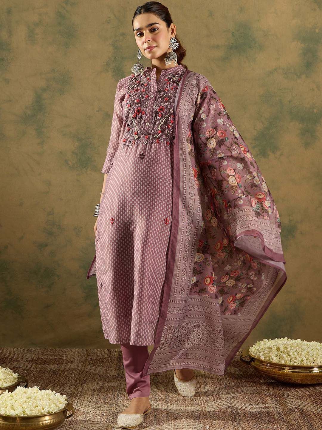 Indo Era Floral Printed Thread Work Chanderi Silk Straight Kurta with Trouser & Dupatta