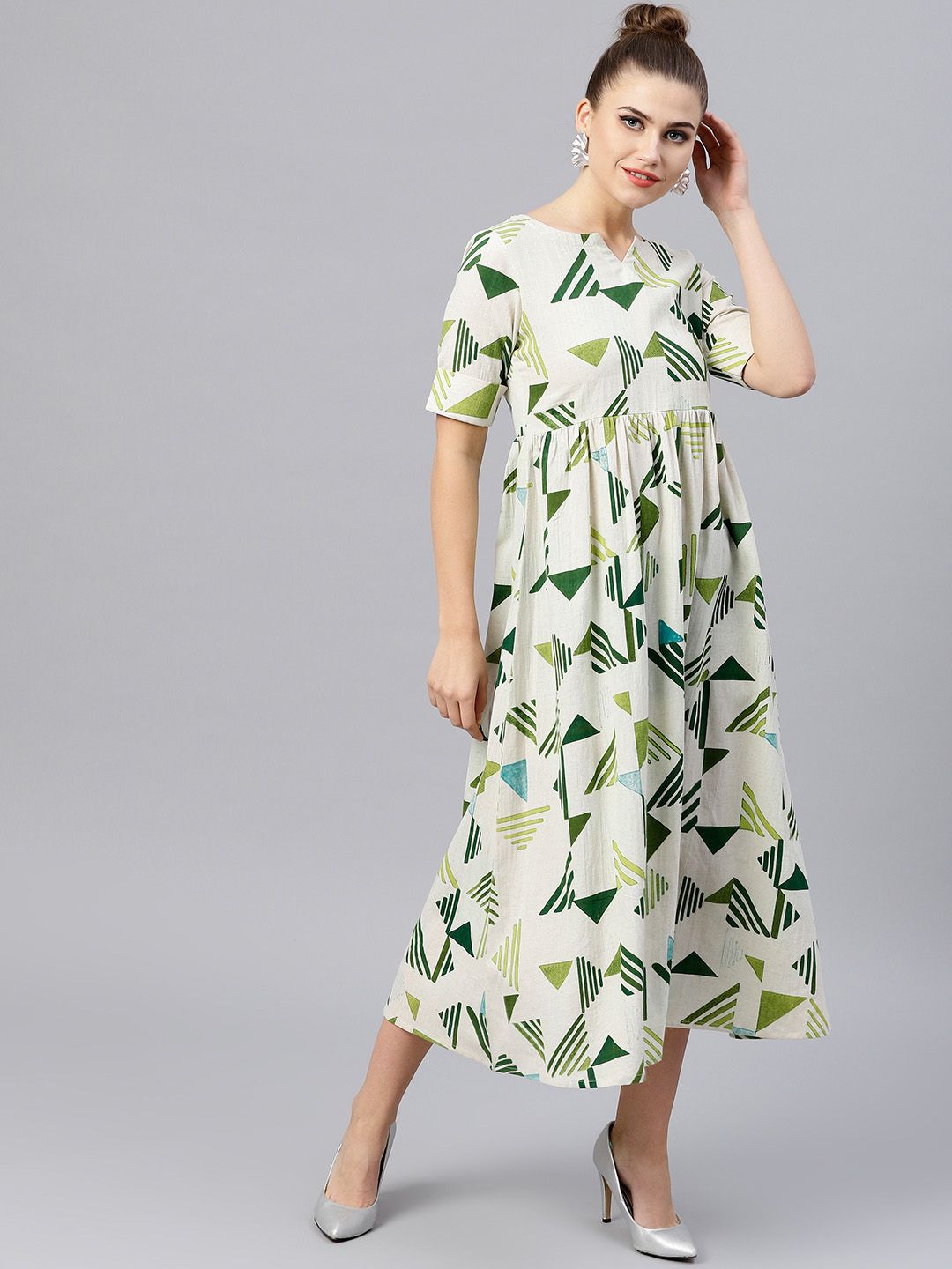 Gerua By Libas Women Off-White  Green Printed Maxi Dress