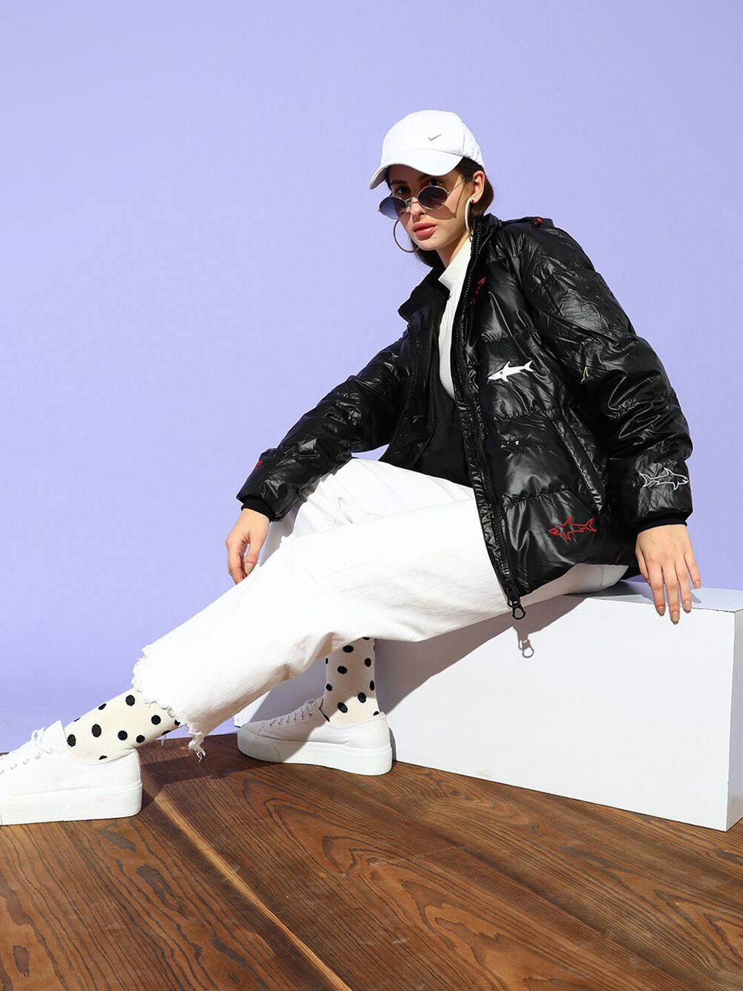 STREET 9 Women Black Floral Longline Puffer Jacket