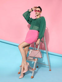 STREET 9 Women Green Sheer Dobby Printed Casual Shirt