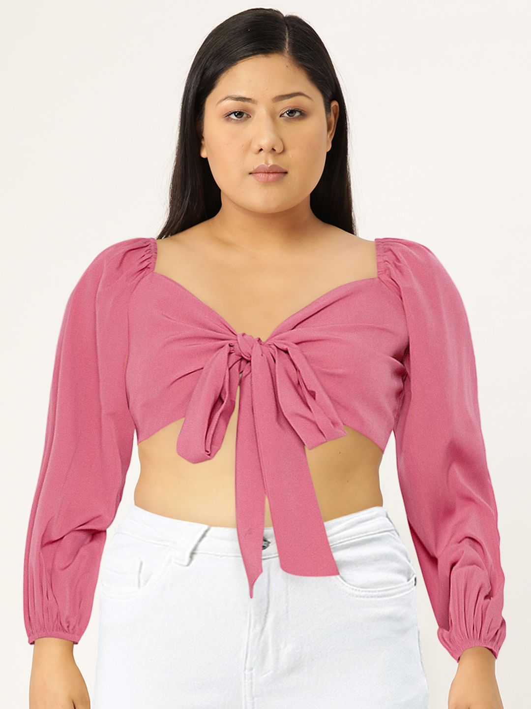 Berrylush Pink Sweetheart Neck Crepe Crop Top