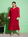 SASSAFRAS Curve Plus Size Maroon V-Neck Bell Sleeves Georgette Warp Midi Dress