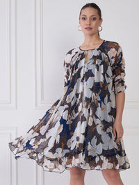 Antheaa Floral Print Keyhole Neck Chiffon Fit & Flare Dress