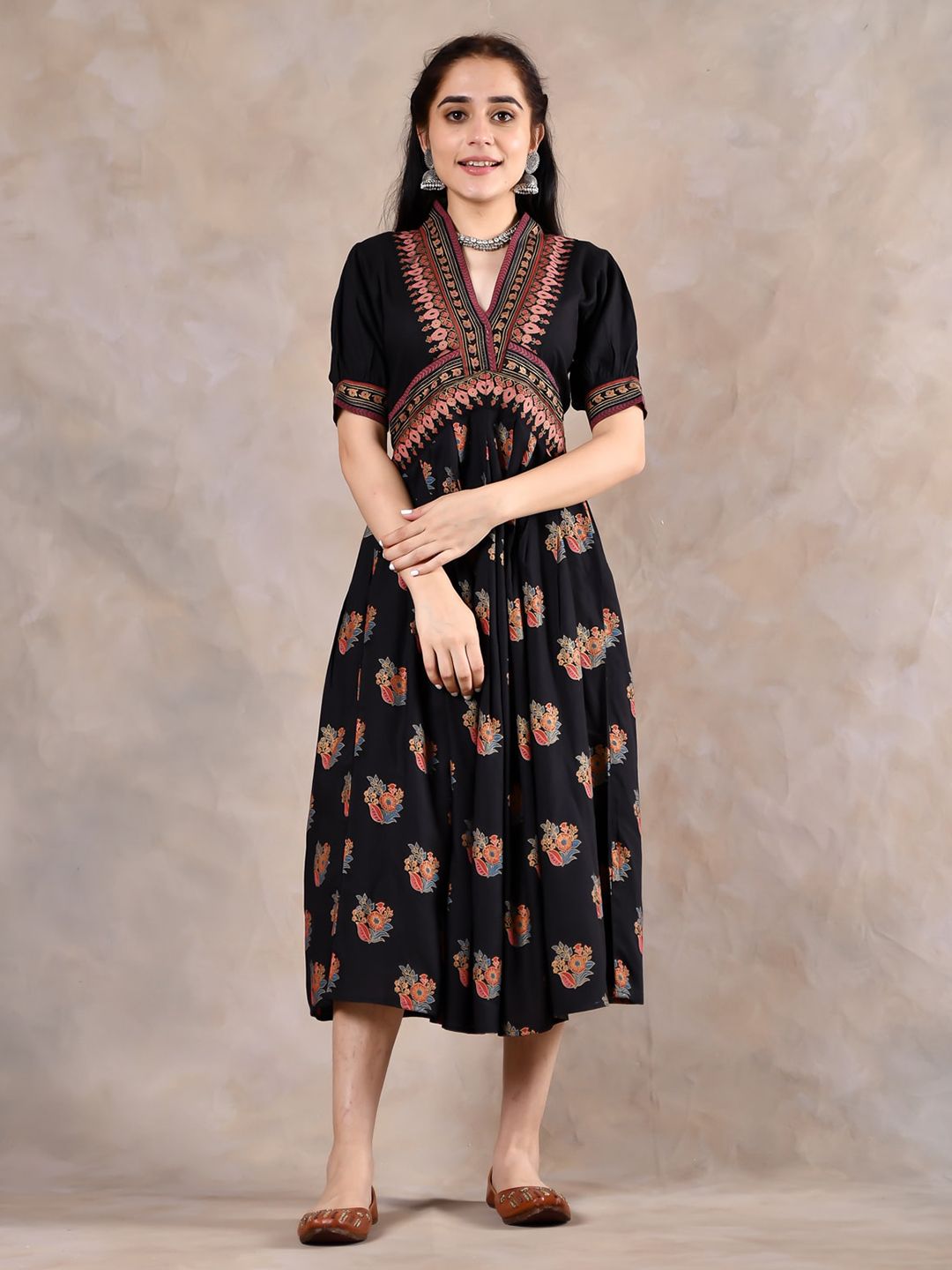 Rustorange Floral A-Line Midi Rayon Dress