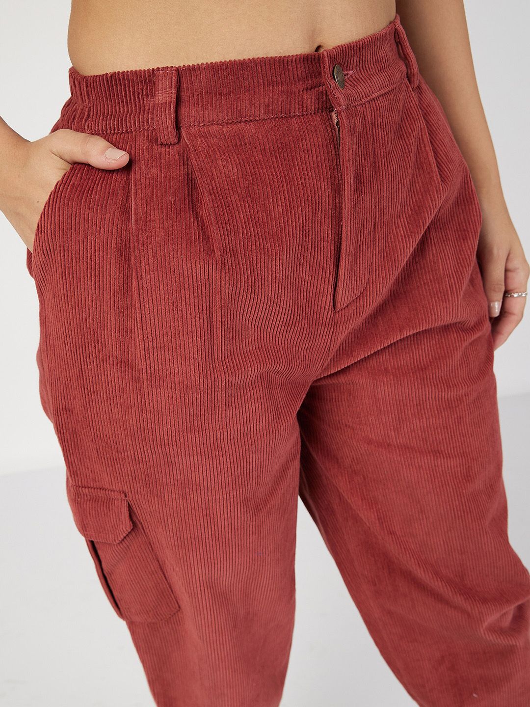 SASSAFRAS Women Rust Mid-Rise Pure Cotton Corduroy Trousers