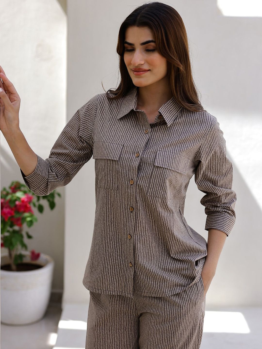 SANSKRUTIHOMES Striped Shirt Collar Pure Cotton Night suit