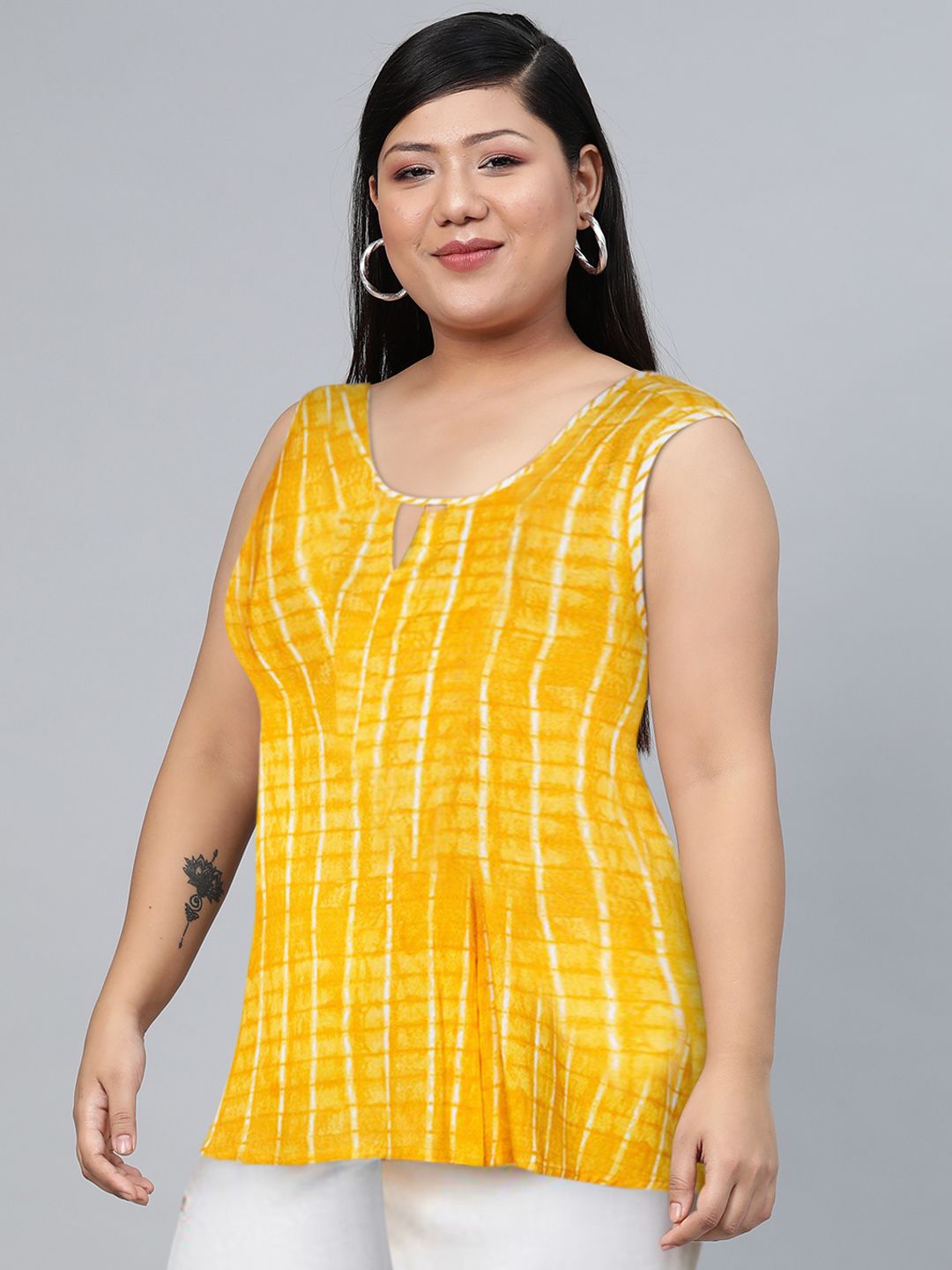 Global Desi Women Mustard Yellow Geometric Printed Keyhole Neck Top