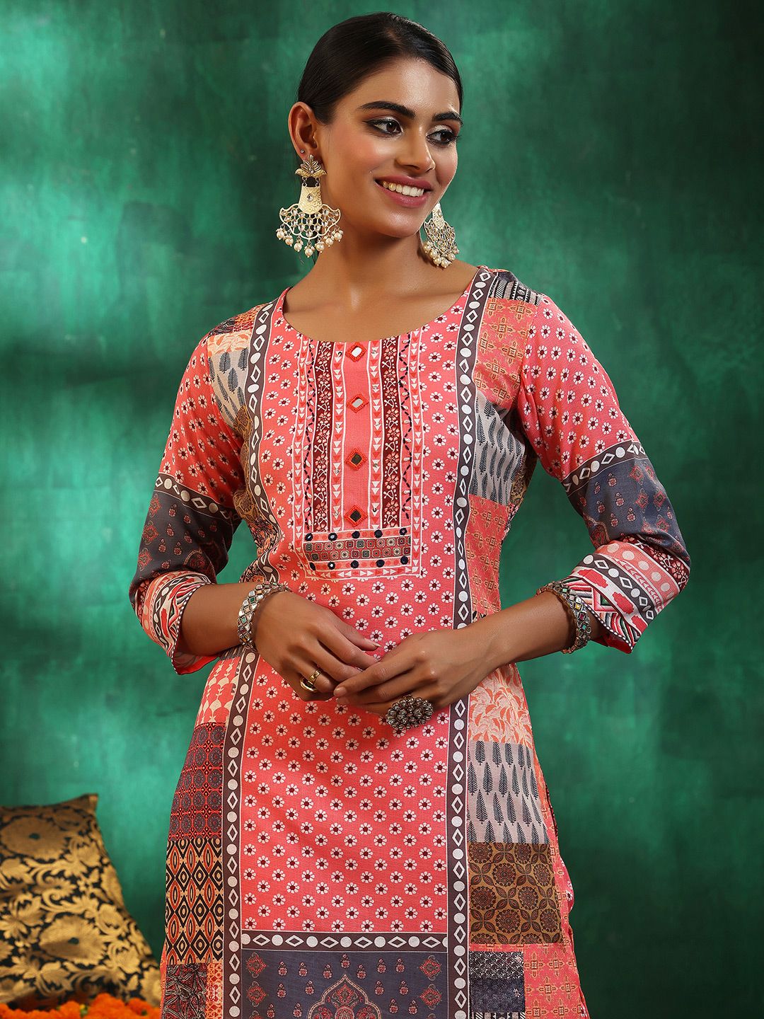 Libas Floral Printed Mirror Work Linen Kurta with Trousers & Dupatta