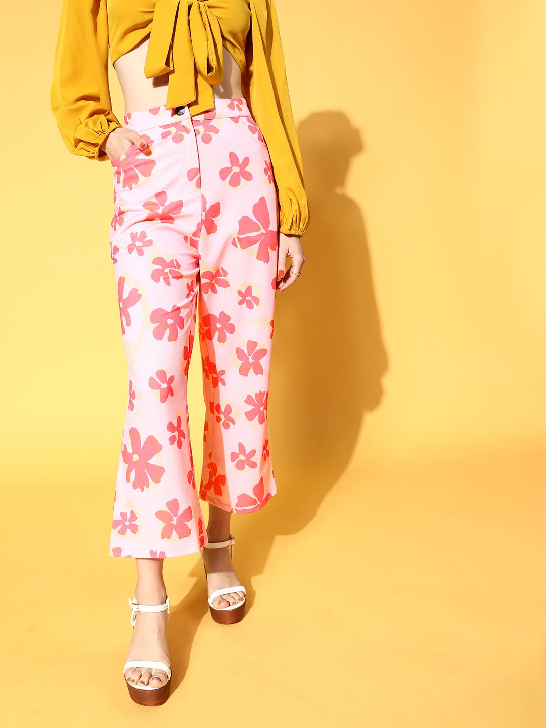 Athena Women Pretty Pink Floral Graduated Flared Trousers