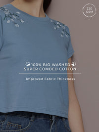 DILLINGER Women Regular Cropped Fit Embroidery Crew Neck Tshirt