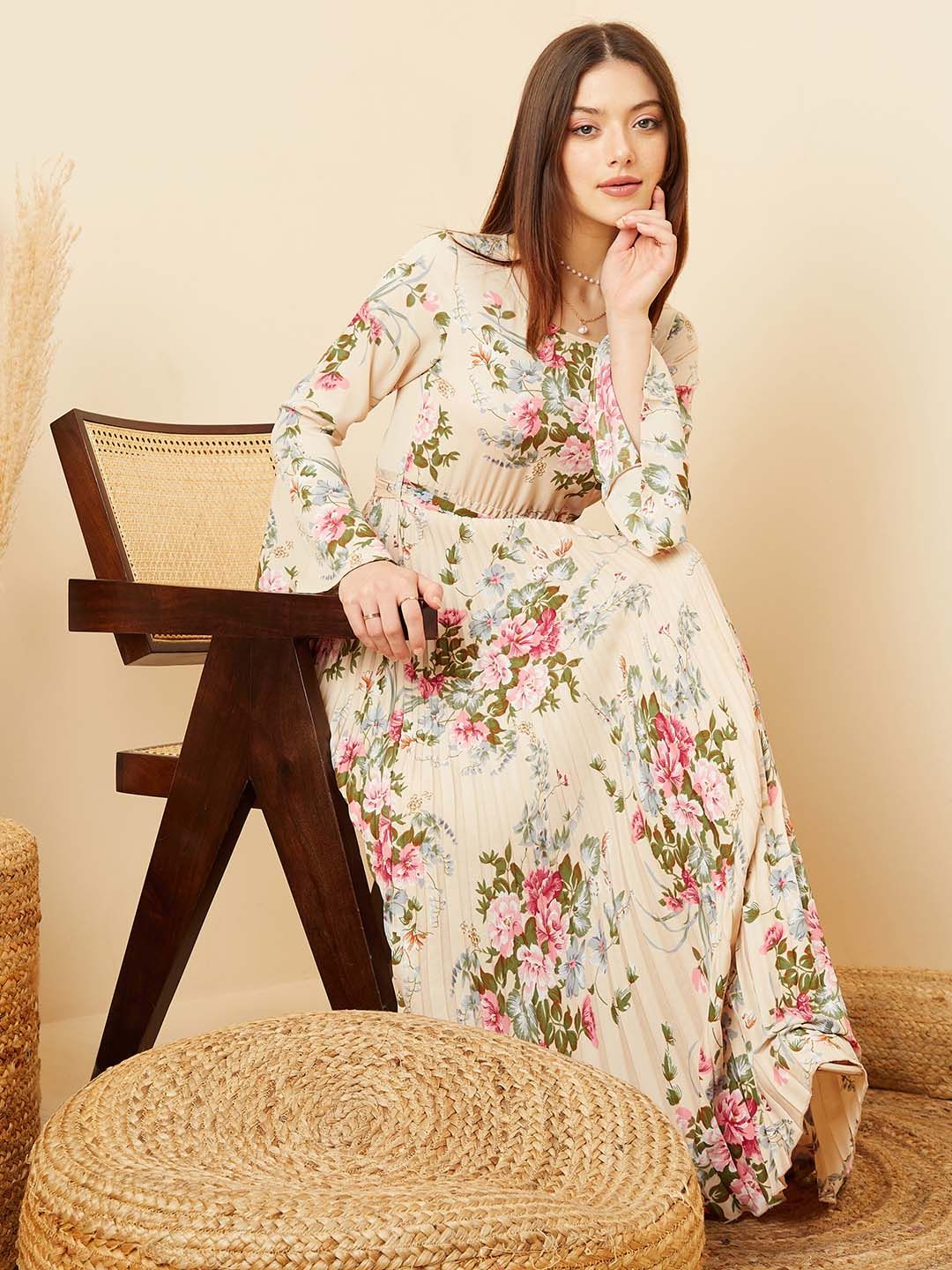 Berrylush Floral Print Bell Sleeve Crepe A-Line Maxi Dress