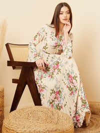 Berrylush Floral Print Bell Sleeve Crepe A-Line Maxi Dress