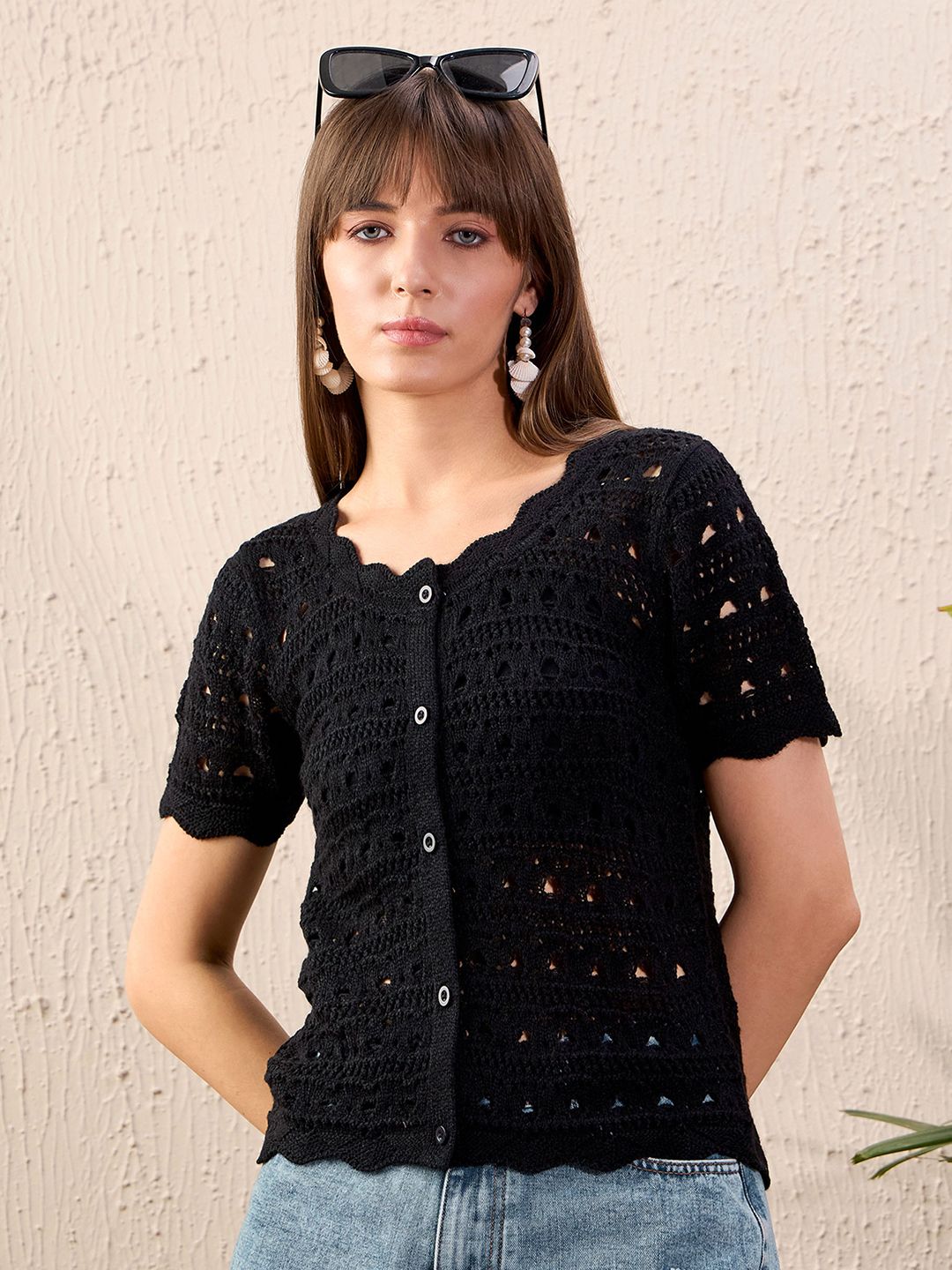 SASSAFRAS Self Design Round Neck Crochet Shirt Style Top