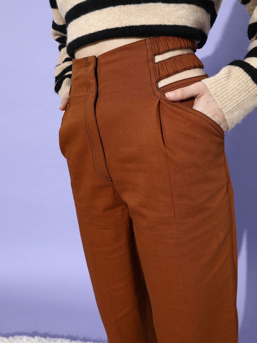 STREET 9 Women Chic Rust Solid High-Rise Trousers