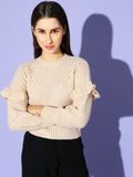 STREET 9 Women Beige Ribbed Round Neck Pullover