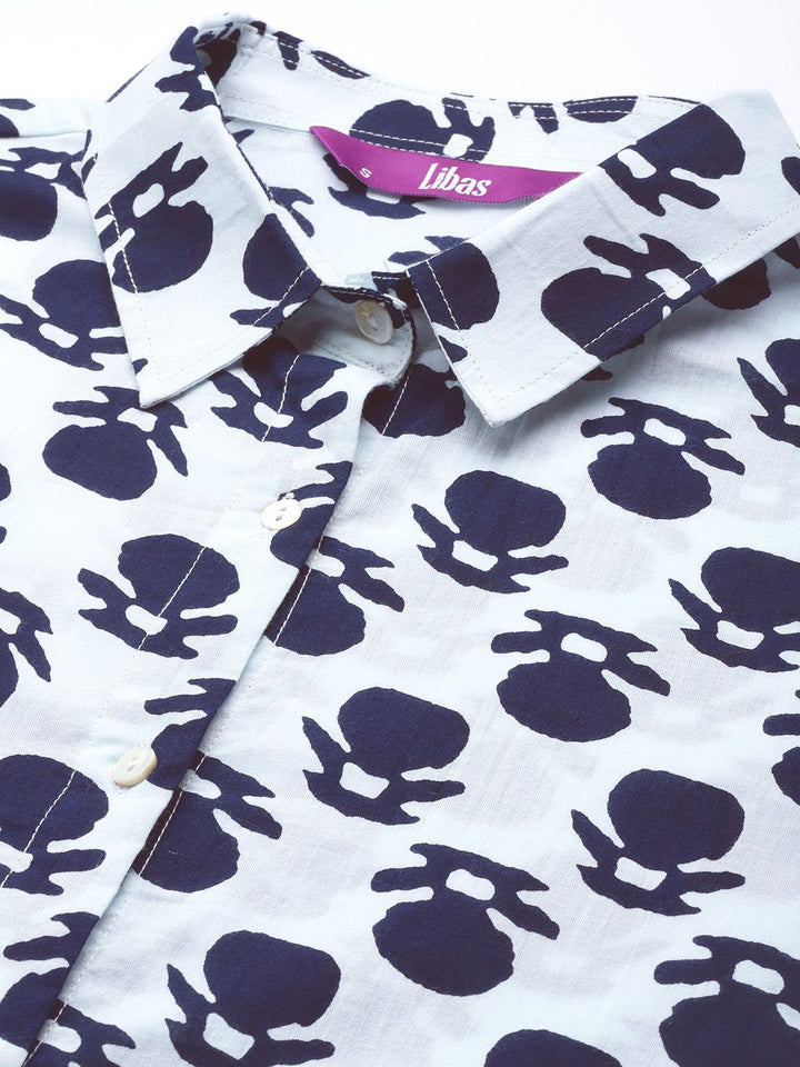 Libas Women White & Navy Blue Printed Pure Cotton Night suit