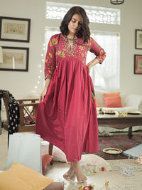 Rustorange Women Pink Floral Rayon A-Line Midi Dress